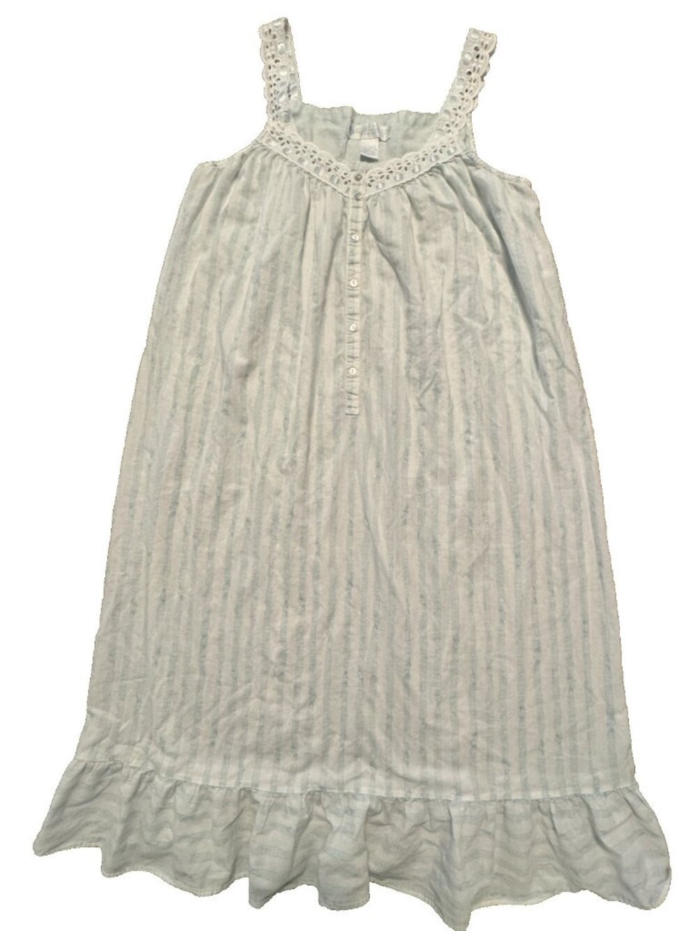 Eileen West Vtg 90s cotton Nightgown Eyelit Medium Pale Blue Stripe Cottage
